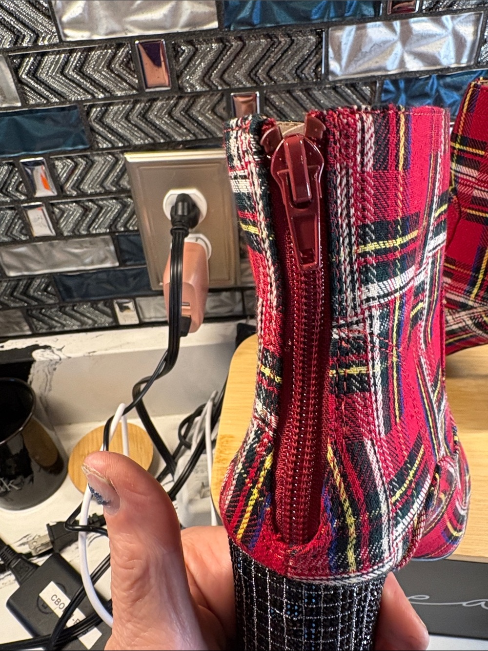 Betsey Johnson Red Plaid Stretch Ankle Booties - Picture 4 of 12